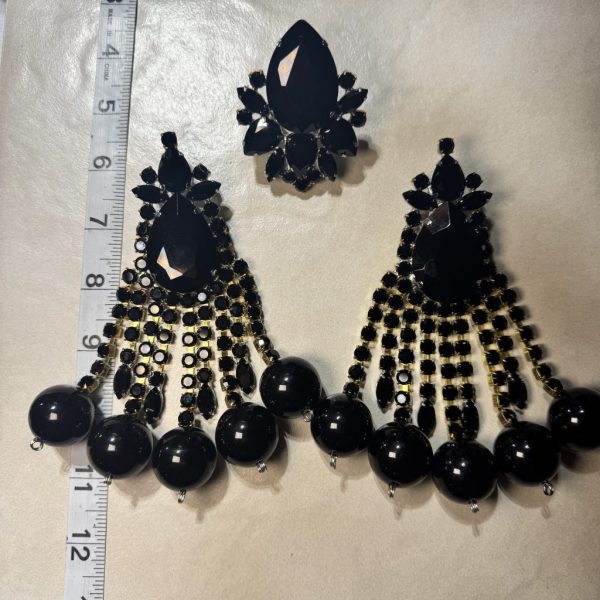 Clip Backs - Jet Black "Jumbo Waterfall" Earring & Ring Set