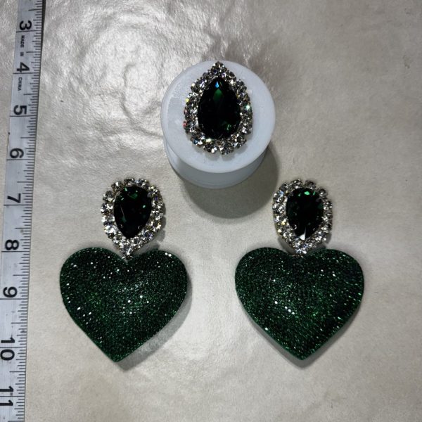 Clip Backs - Holiday Emerald Heart Earring & Ring Set