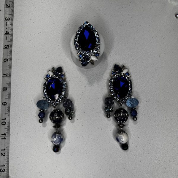 Clip Backs - Iced Sapphire Bead Drop Earring & Ring Set