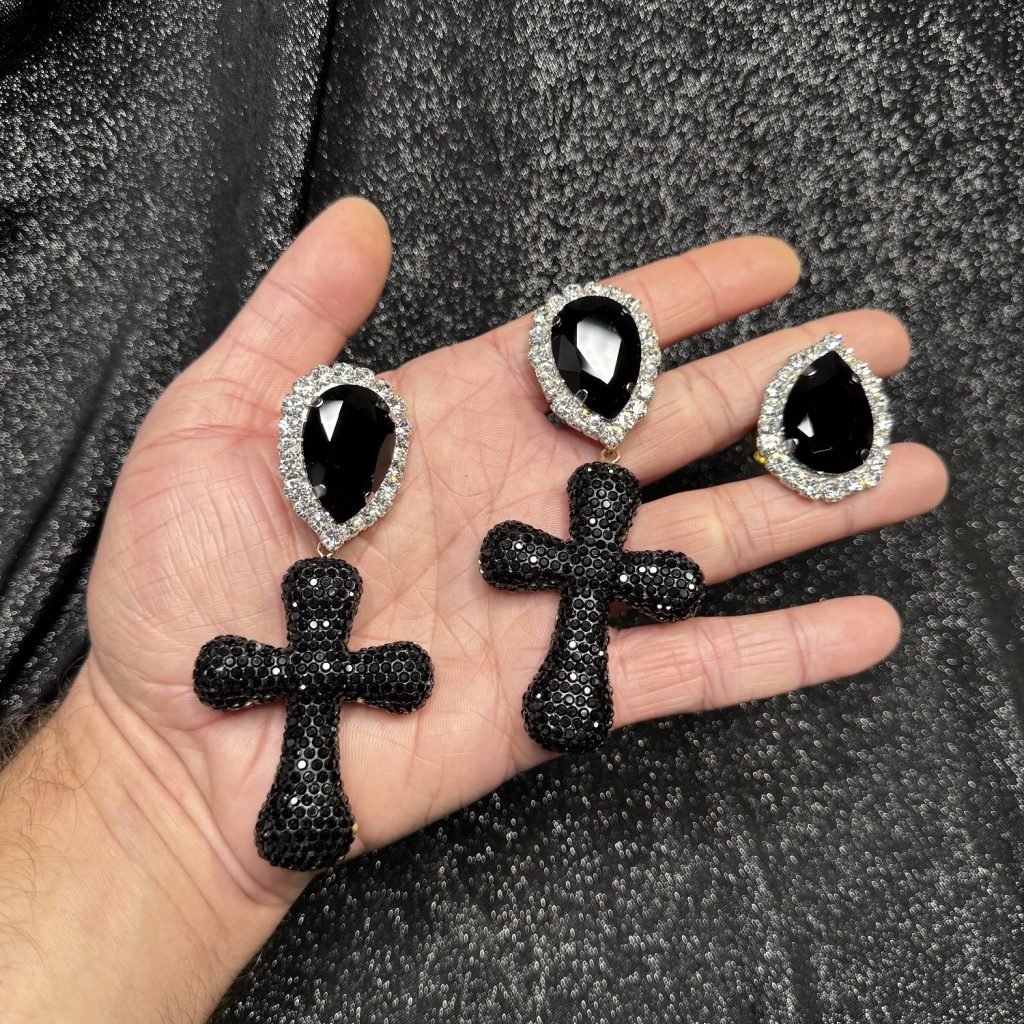 Clip Backs - Jet Crystal Cross Earring & Ring Set