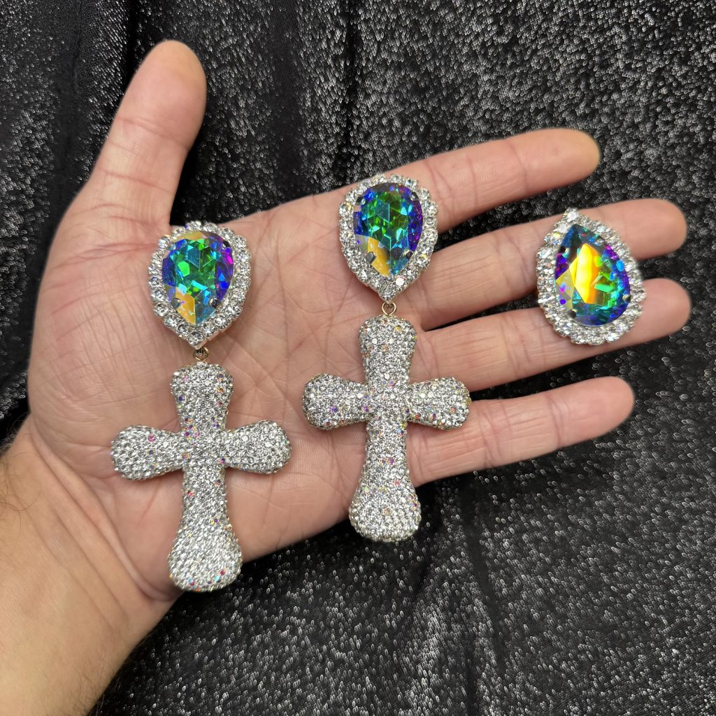 Clip Backs - AB Crystal Cross Earring & Ring Set