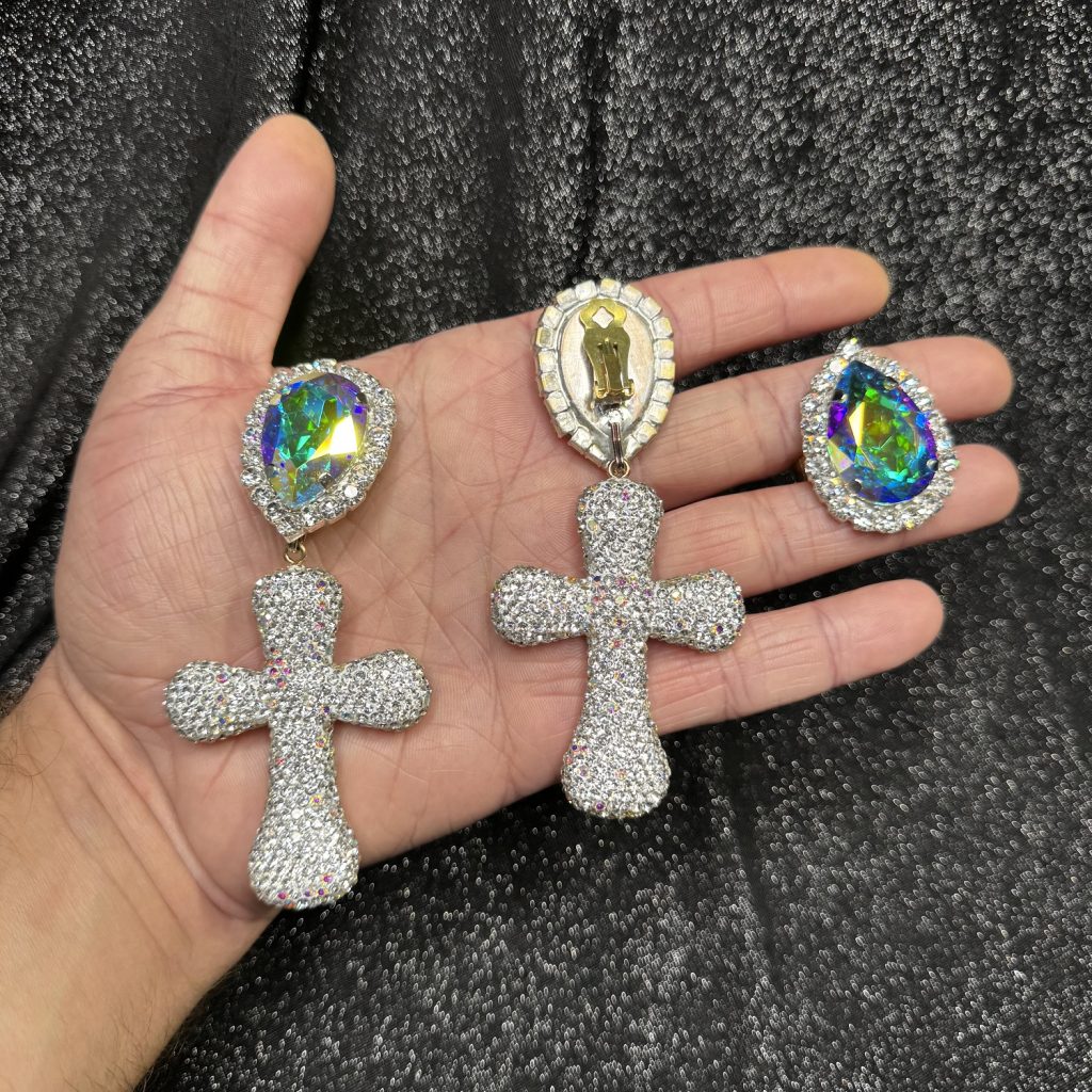 Clip Backs - AB Crystal Cross Earring & Ring Set - Image 2