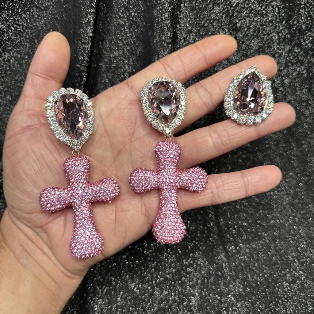 Clip Backs - Pink Crystal Cross Earring & Ring Set