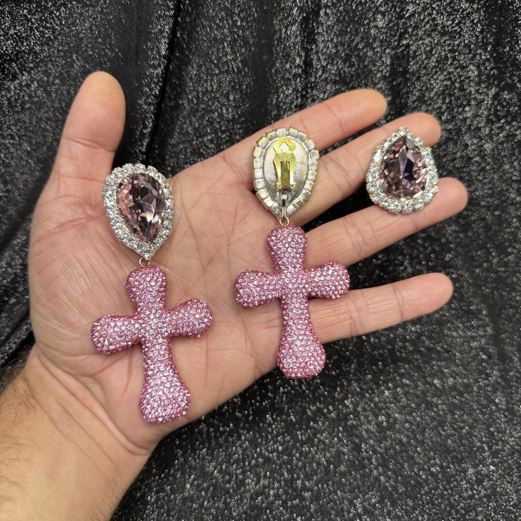 Clip Backs - Pink Crystal Cross Earring & Ring Set - Image 2