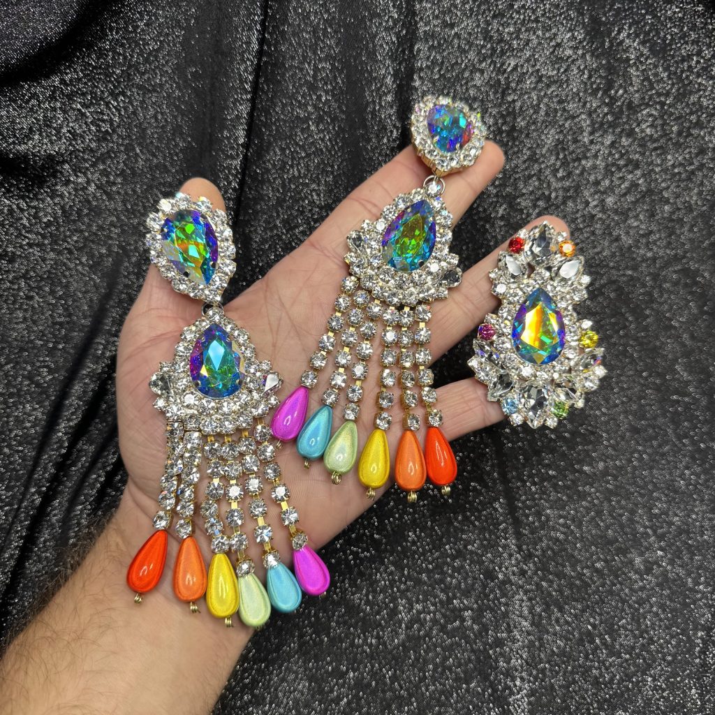 Magnet Backs - Rainbow Bead Drop Waterfall Earring & Ring Set
