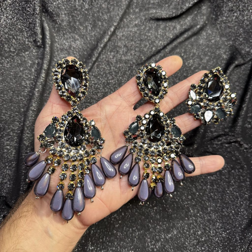 Magnet Backs - Black Diamond Pearl Waterfall "Sparkle" 3-N-1 Earring & Ring Set