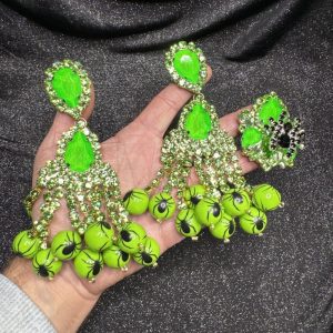 Magnet/Clip Backs - Peridot/Neon Green SpiderFALLS "Sparkle" 3-N-1 Earring & Ring Set
