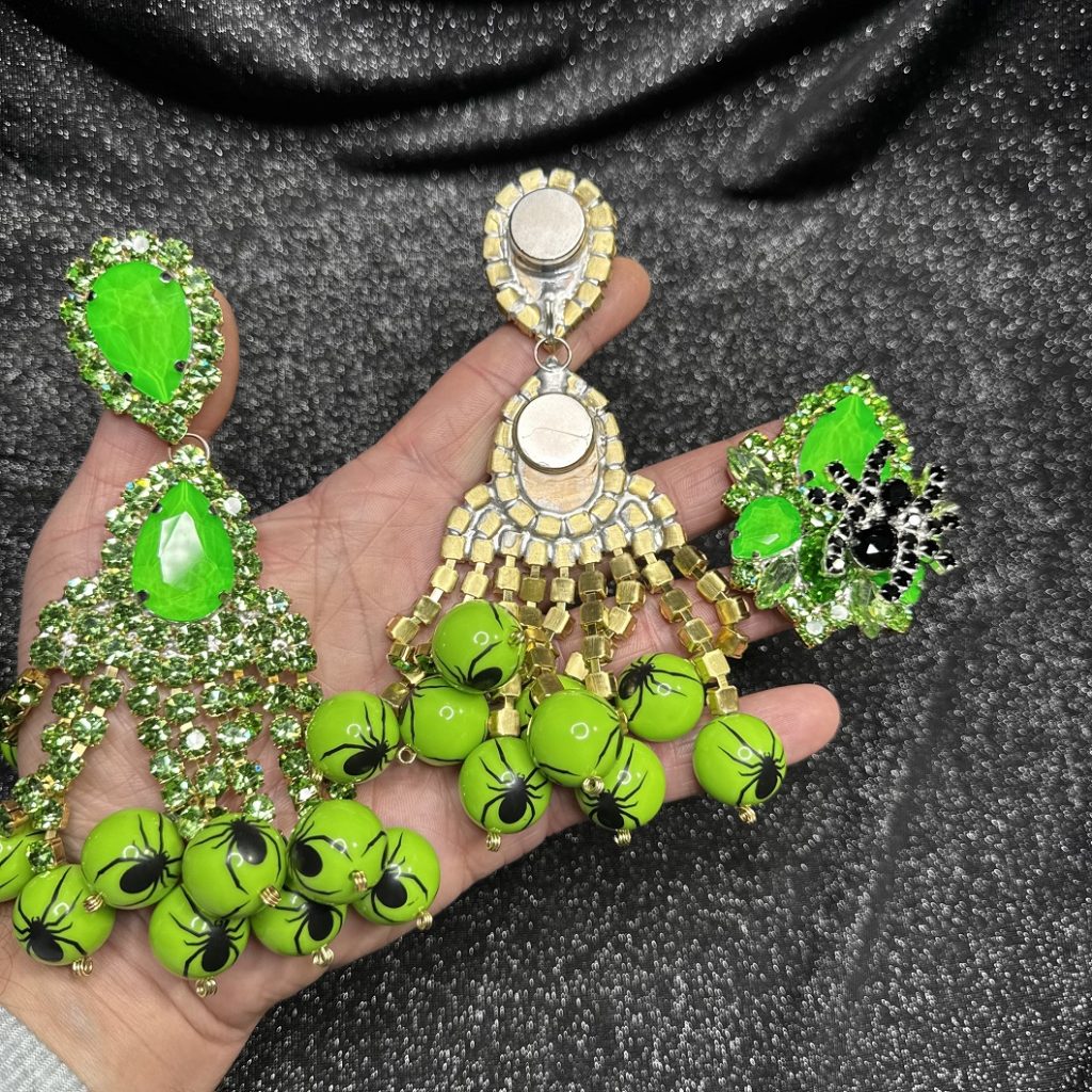 Magnet/Clip Backs - Peridot/Neon Green SpiderFALLS "Sparkle" 3-N-1 Earring & Ring Set - Image 2