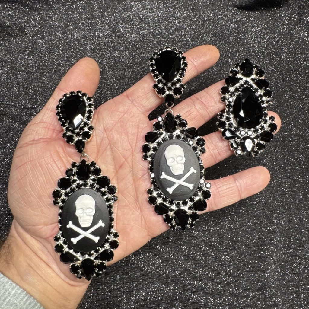 Magnet Backs - Jet Skull "Sparkle" 3-N-1 Earring & Ring Set