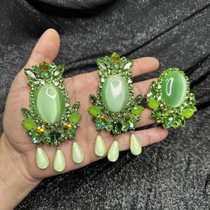 Magnet Backs - Peridot Cat Eye Pearl Button Earring & Ring Set