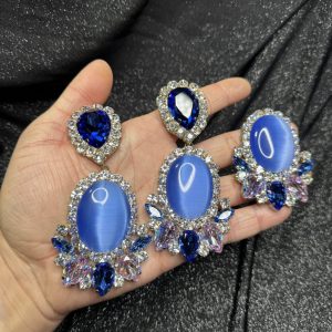 Magnet Backs - Sapphire/Crystal Cat Eye "Sparkle" 3-N-1 Earring & Ring Set